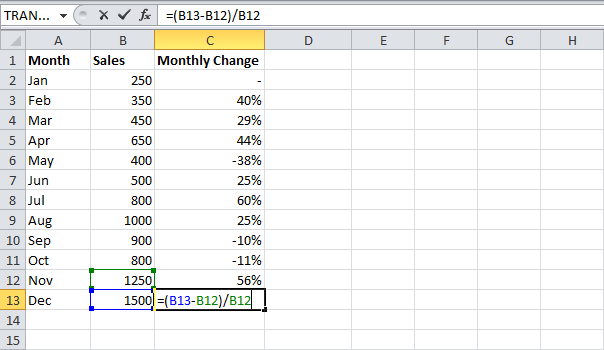 Процентное изменение в Excel
