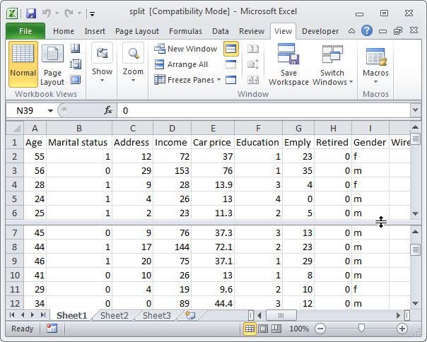 Разделить лист в Excel