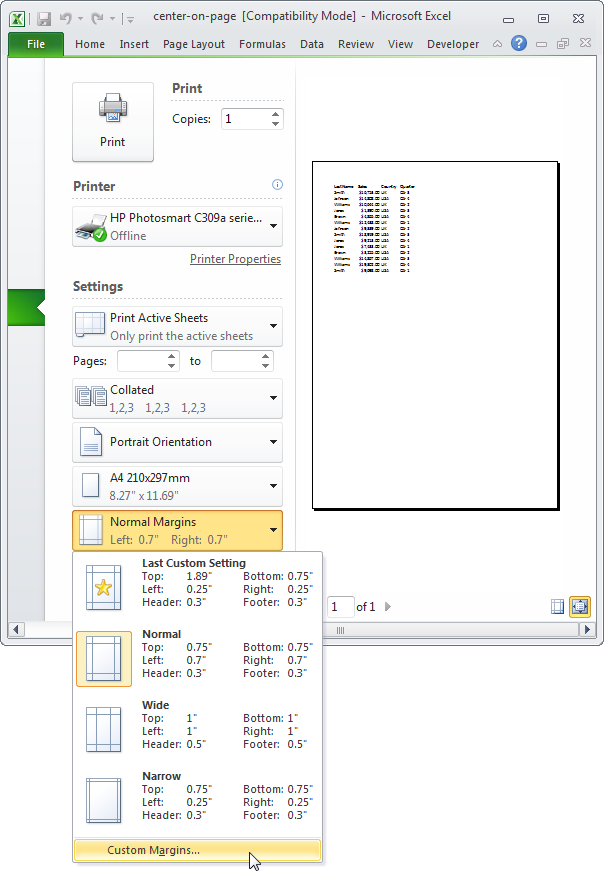 Центрирование при печати в Excel