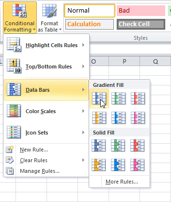 Условное форматирование > Гистограмма в Excel