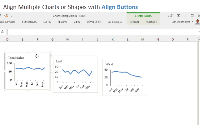 Копирование и выравнивание диаграмм Excel