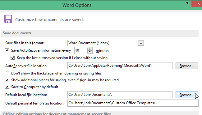 Изменяем место сохранения файла в Word