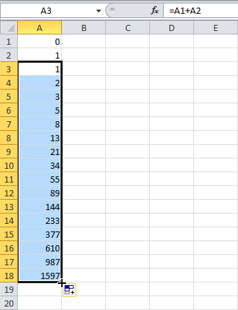 Последовательность Фибоначчи в Excel