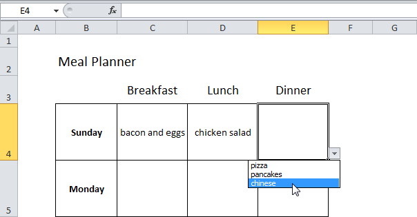 Планировщик питания в Excel