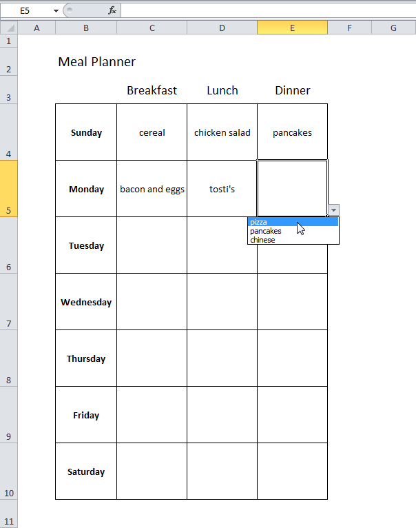 Планировщик питания в Excel