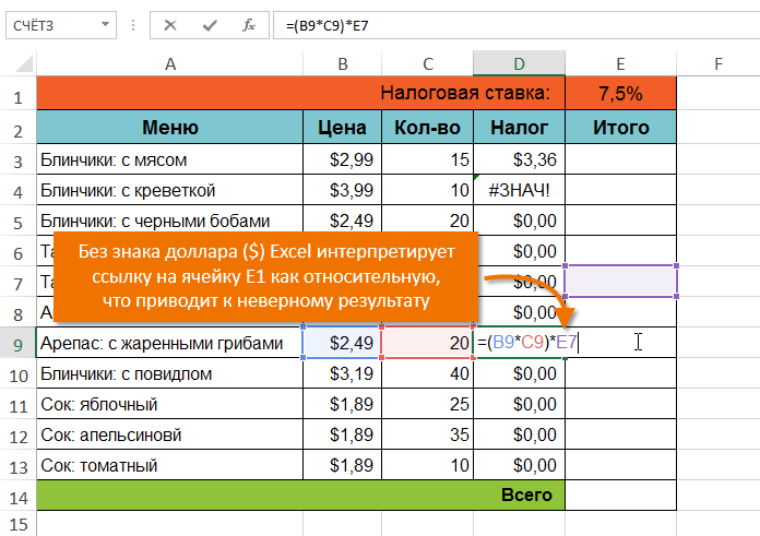 Абсолютные ссылки в Excel