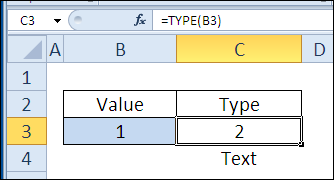 Функция ТИП в Excel