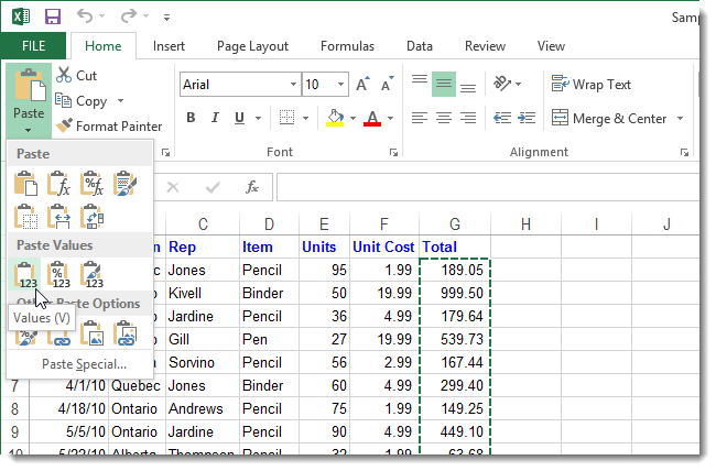 Замена формул на значения в Excel