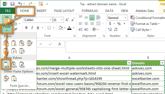 Извлекаем имя домена при помощи Excel