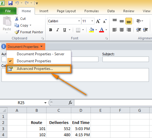 Изменение свойств документа в Excel