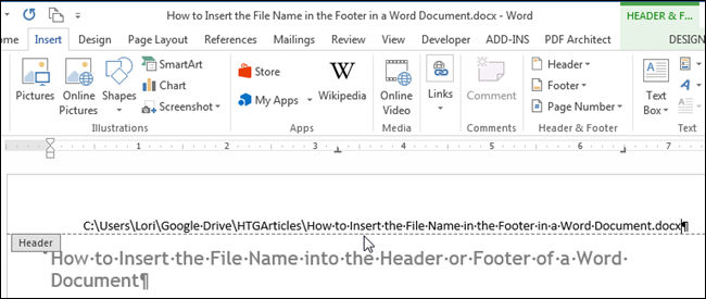 Добавляем название файла в колонтитул в Word