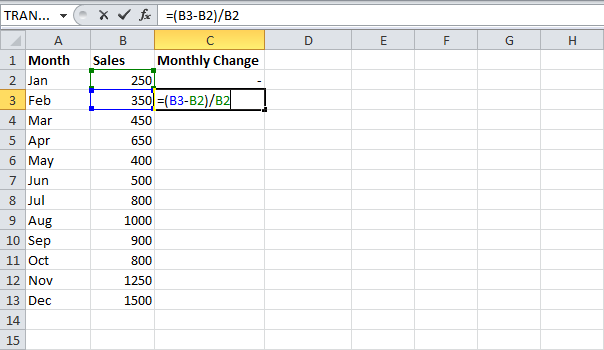 Формула процентного изменения в Excel