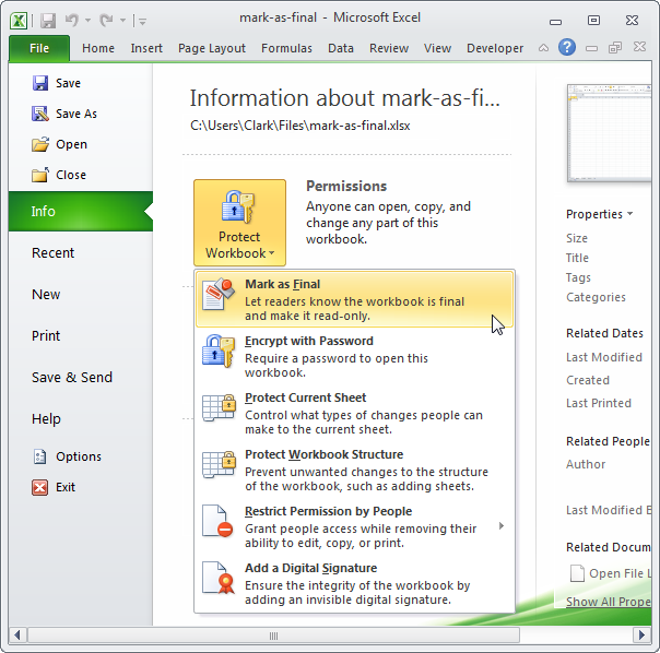 Пометить версию книги Excel как окончательную