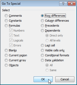 Как найти отличия по строкам в Excel
