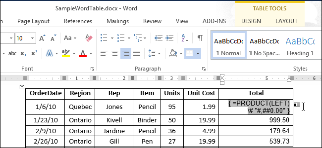 Как подсчитать данные в строках и столбцах таблицы Word 2013