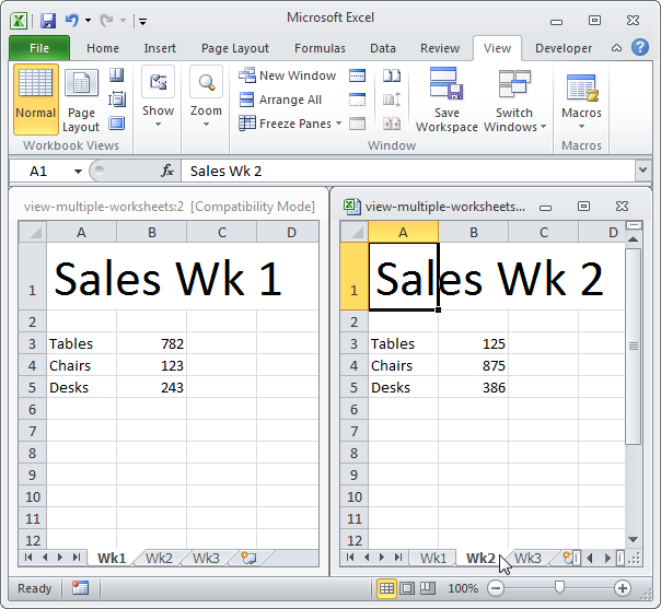 Просмотр нескольких листов в Excel