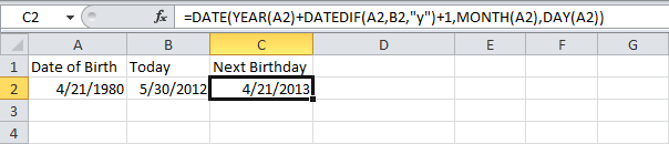 Как рассчитать в Excel количество дней до дня рождения