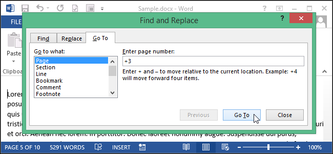 Как перемещаться на заданное количество страниц вперед или назад в Word 2013