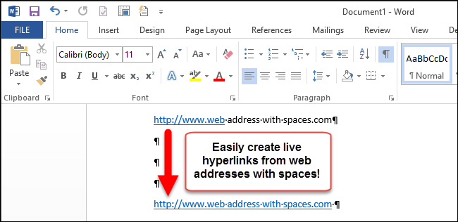 Как в документе Word 2013 создавать активные гиперссылки из веб-адресов, содержащих пробелы