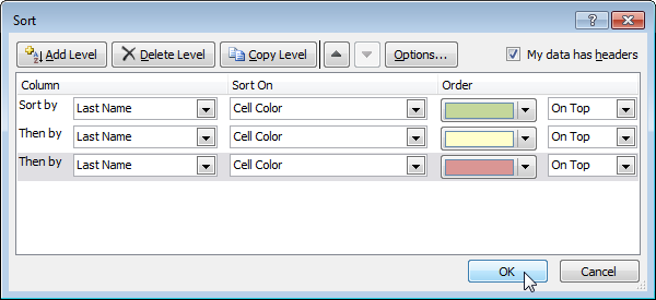Сортировка по цвету в Excel