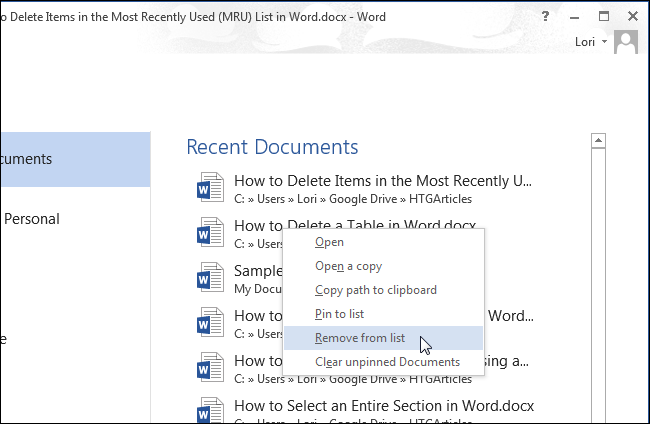 Как в приложениях Office удалять элементы из списка последних документов