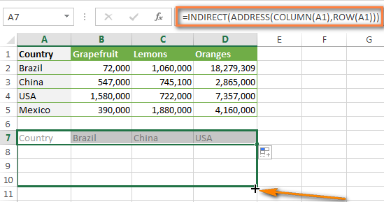 Как конвертировать строки в колонки в Excel