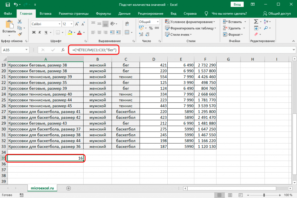 Посчитать количество вхождений в столбце excel