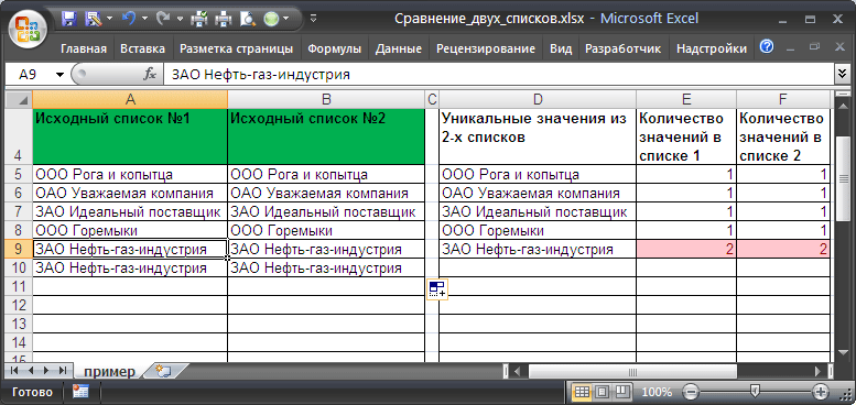 Как в Excel сравнить два списка