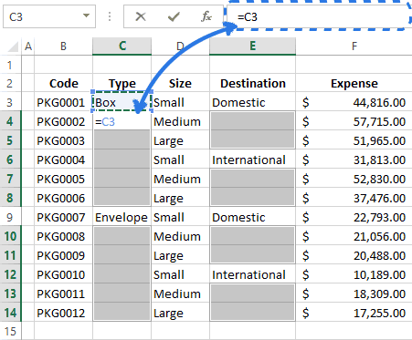 Как заполнить пустые ячейки верхними значениями в Excel